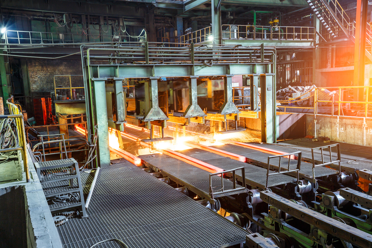 hot steel on conveyor in steel plant